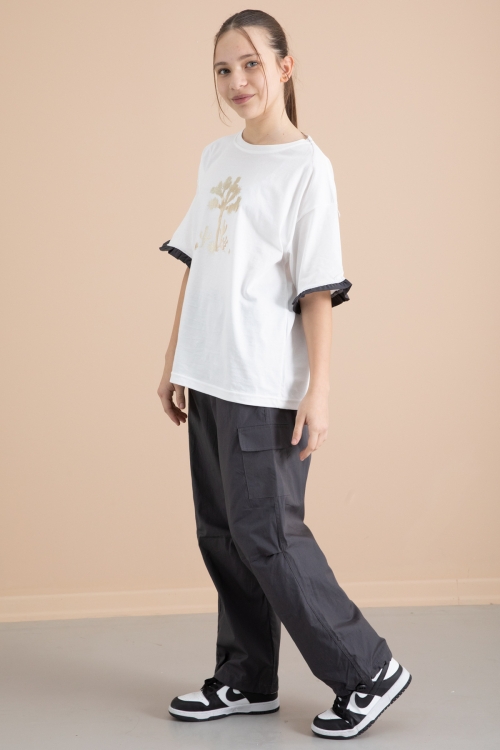 Füme Kız Çocuk Tişört ve Kargo Cepli Pantolonlu 2li Takım 20394