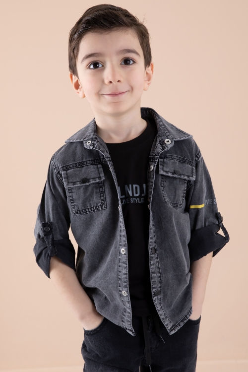 Füme Sırtı Baskılı Jean Gömlekli Tişörtlü Erkek Çocuk 2li Takım 20271