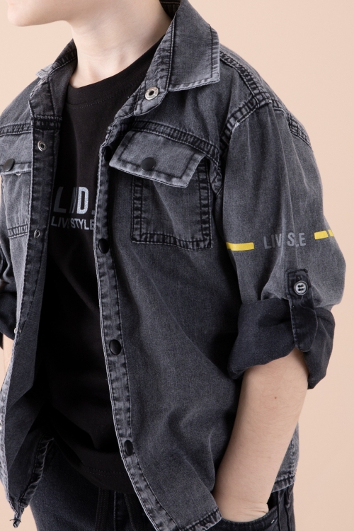 Füme Sırtı Baskılı Jean Gömlekli Tişörtlü Erkek Çocuk 2li Takım 20271