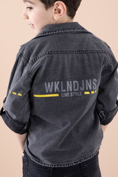 Füme Sırtı Baskılı Jean Gömlekli Tişörtlü Erkek Çocuk 2li Takım 20271