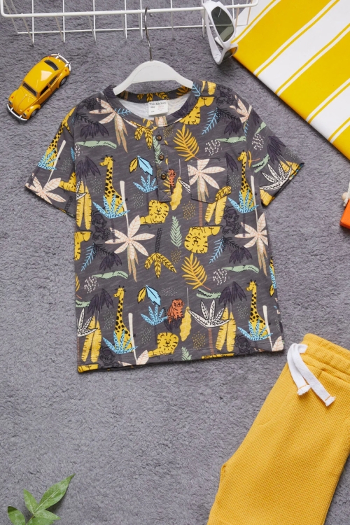 Füme Yaprak Baskılı Düğmeli Erkek Bebek Şortlu Takım 19183