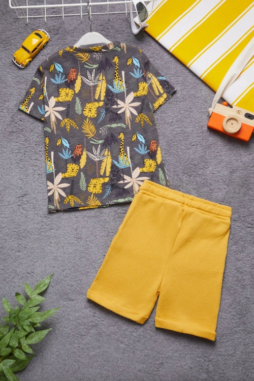 Füme Yaprak Baskılı Düğmeli Erkek Bebek Şortlu Takım 19183