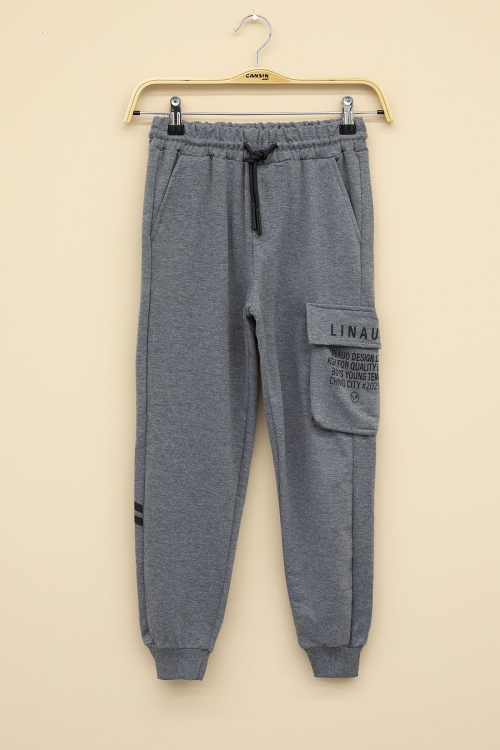 Füme Yazı Baskılı Cepli Erkek Çocuk Beli Lastikli Eşofman Altı 20205