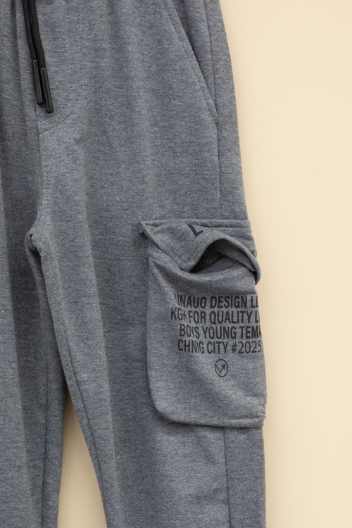 Füme Yazı Baskılı Cepli Erkek Çocuk Beli Lastikli Eşofman Altı 20205