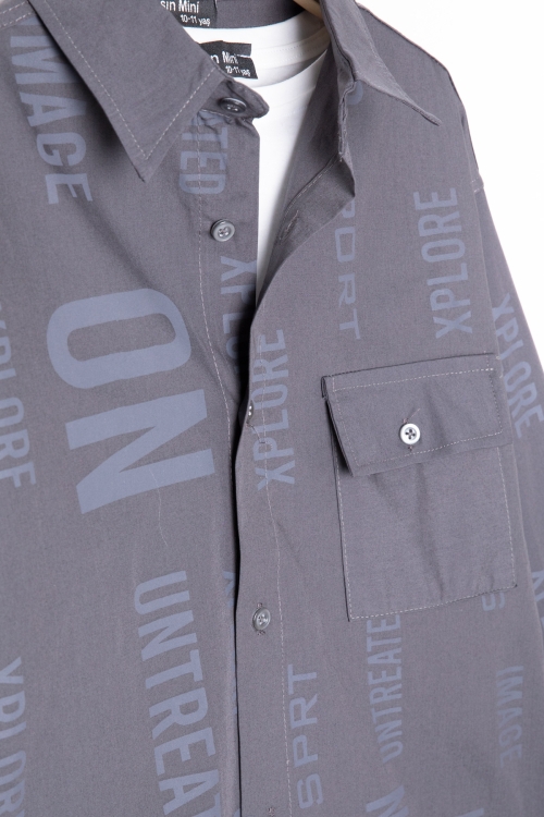 Füme Yazı Baskılı Gömlek Beyaz Tişörtlü Erkek Çocuk 2li Takım 20137