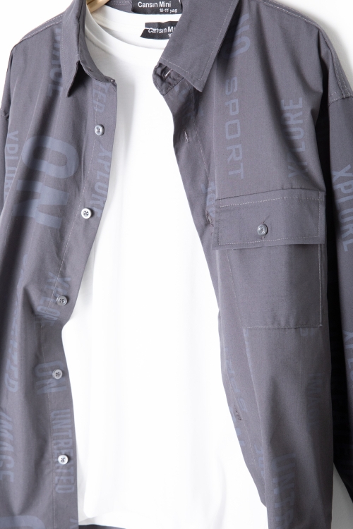 Füme Yazı Baskılı Gömlek Beyaz Tişörtlü Erkek Çocuk 2li Takım 20137