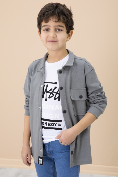 Füme Yazı Baskılı Tişörtlü Gömlekli Erkek Çocuk Takım 20304