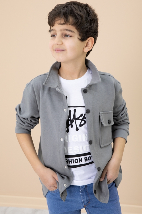 Füme Yazı Baskılı Tişörtlü Gömlekli Erkek Çocuk Takım 20304