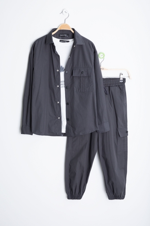 Füme Yazılı Tişörtlü Paraşüt Gömlekli Erkek Çocuk 3lü Alt Üst Takım 20540