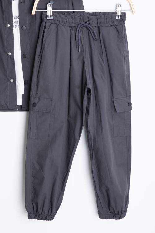 Füme Yazılı Tişörtlü Paraşüt Gömlekli Erkek Çocuk 3lü Alt Üst Takım 20540