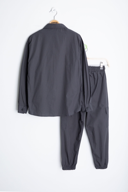 Füme Yazılı Tişörtlü Paraşüt Gömlekli Erkek Çocuk 3lü Alt Üst Takım 20540