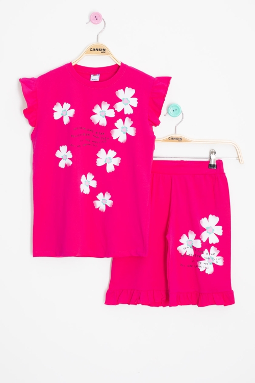Fuşya Çiçek Desenli Fırfır Detaylı Kız Çocuk Şortlu Takım 20599