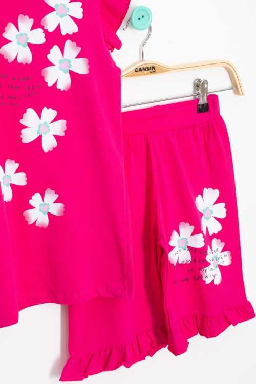 Fuşya Çiçek Desenli Fırfır Detaylı Kız Çocuk Şortlu Takım 20599