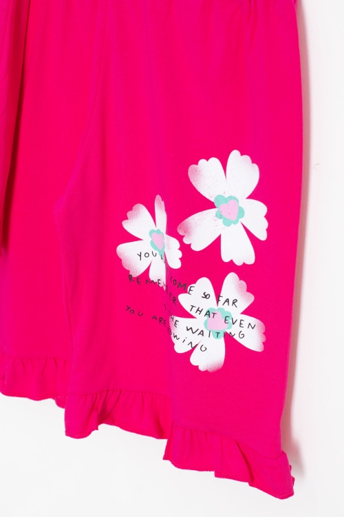 Fuşya Çiçek Desenli Fırfır Detaylı Kız Çocuk Şortlu Takım 20599