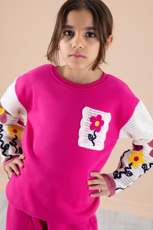 Fuşya Çiçek Nakışlı Kolları Dantel Şardonlu Kız Çocuk Eşofman Takımı 20238