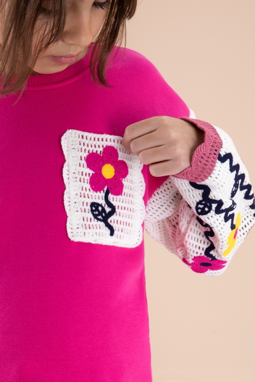 Fuşya Çiçek Nakışlı Kolları Dantel Şardonlu Kız Çocuk Eşofman Takımı 20238