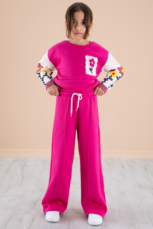 Fuşya Çiçek Nakışlı Kolları Dantel Şardonlu Kız Çocuk Eşofman Takımı 20238