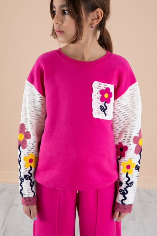 Fuşya Çiçek Nakışlı Kolları Dantel Şardonlu Kız Çocuk Eşofman Takımı 20238