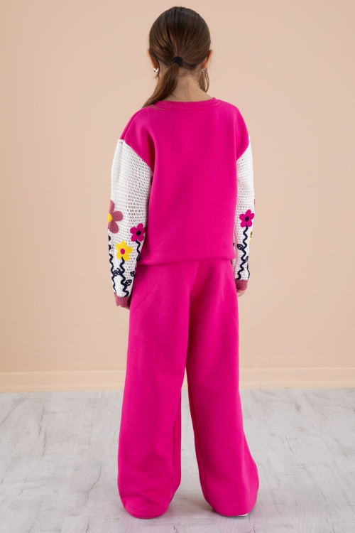 Fuşya Çiçek Nakışlı Kolları Dantel Şardonlu Kız Çocuk Eşofman Takımı 20238