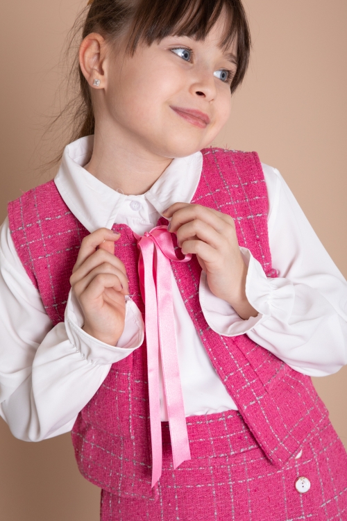 Fuşya Fiyonklu Yelekli Düğme Detaylı Şort Etekli Kız Çocuk 3lü Takım 20319