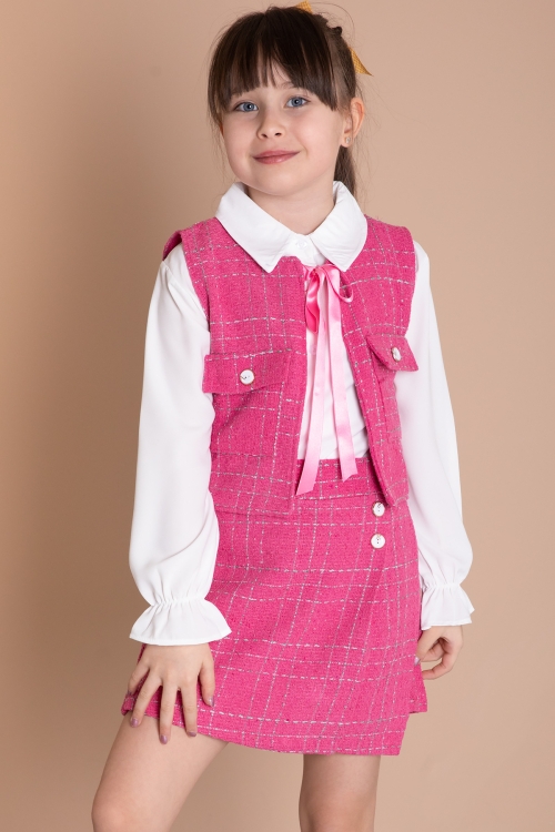Fuşya Fiyonklu Yelekli Düğme Detaylı Şort Etekli Kız Çocuk 3lü Takım 20319