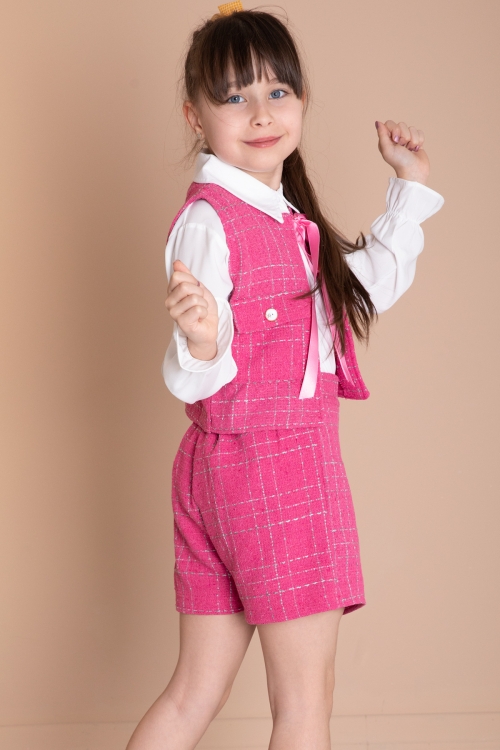 Fuşya Fiyonklu Yelekli Düğme Detaylı Şort Etekli Kız Çocuk 3lü Takım 20319