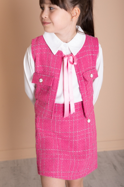 Fuşya Fiyonklu Yelekli Düğme Detaylı Şort Etekli Kız Çocuk 3lü Takım 20319