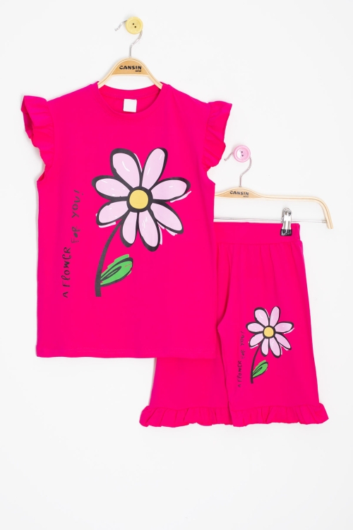 Fuşya Papatya Baskılı Fırfır Detaylı Kız Çocuk Şortlu 2li Takım 20606