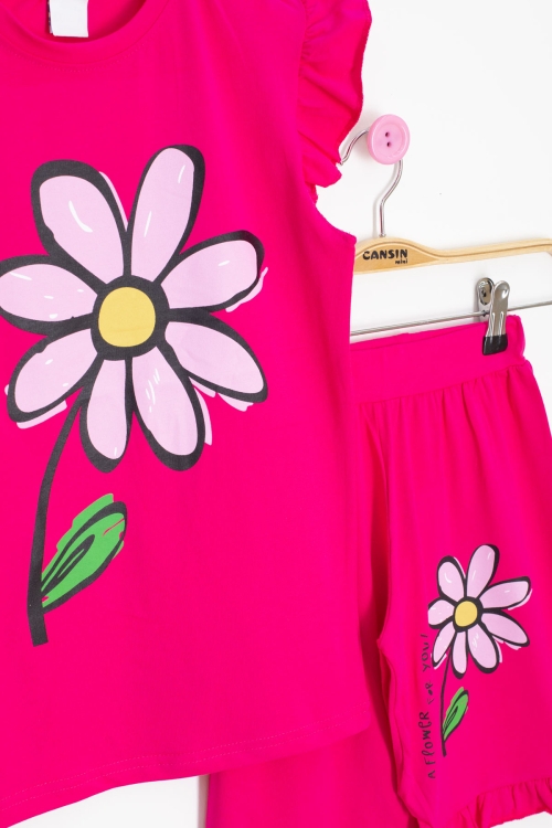 Fuşya Papatya Baskılı Fırfır Detaylı Kız Çocuk Şortlu 2li Takım 20606