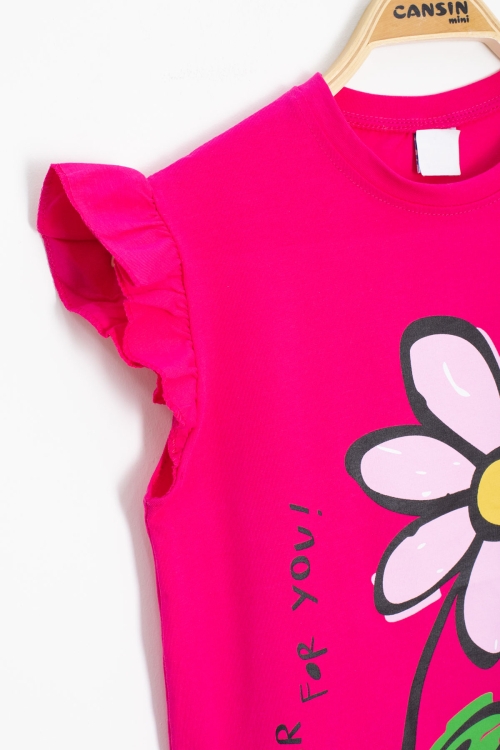 Fuşya Papatya Baskılı Fırfır Detaylı Kız Çocuk Şortlu 2li Takım 20606