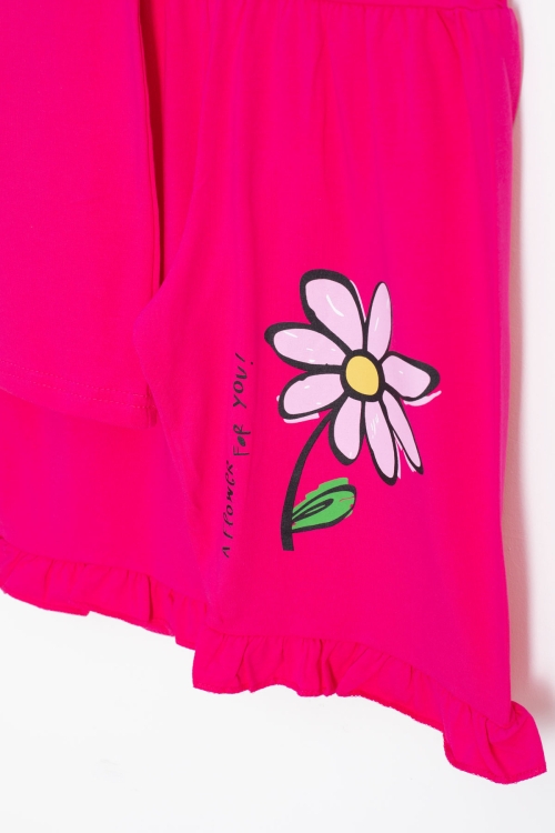 Fuşya Papatya Baskılı Fırfır Detaylı Kız Çocuk Şortlu 2li Takım 20606