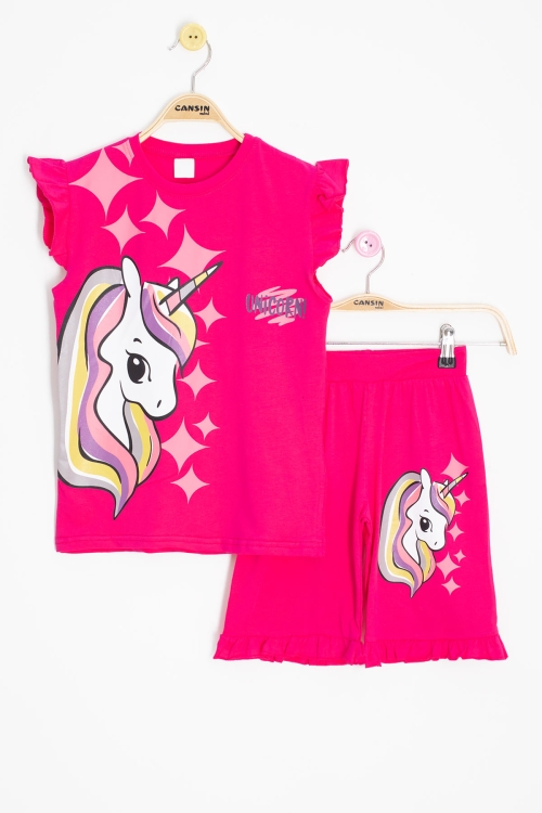 Fuşya Unicorn Baskılı Kız Çocuk Şortlu 2li Takım 20613
