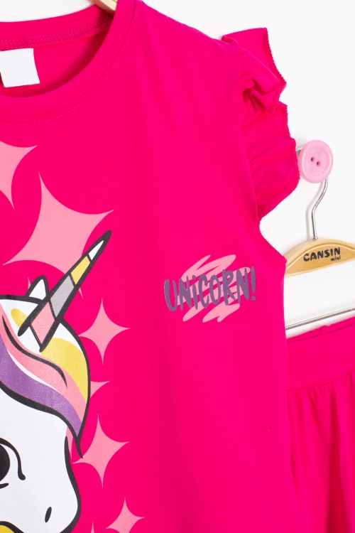 Fuşya Unicorn Baskılı Kız Çocuk Şortlu 2li Takım 20613
