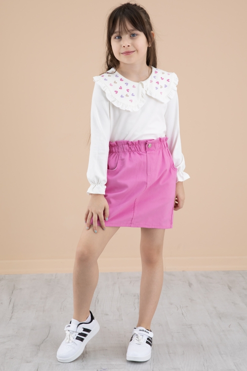 Fuşya Yakası Kalp Nakışlı Badili Jean Etekli Kız Çocuk Takım 20333