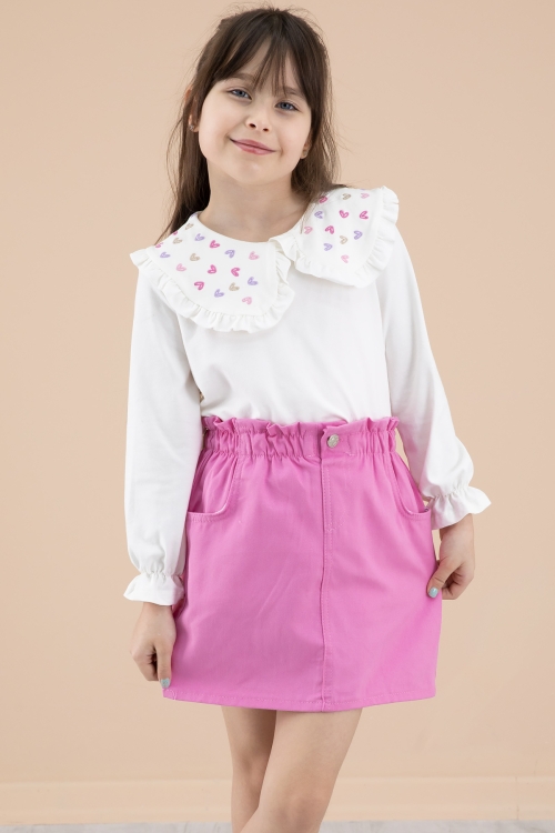 Fuşya Yakası Kalp Nakışlı Badili Jean Etekli Kız Çocuk Takım 20333