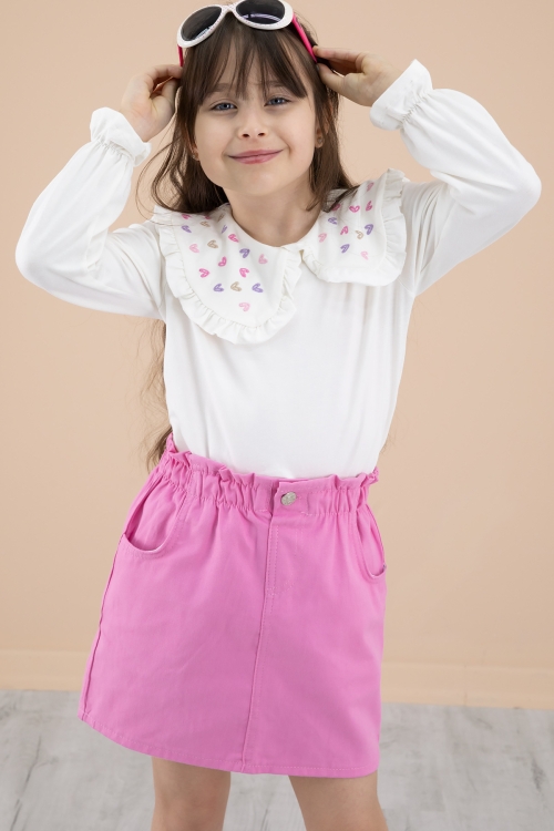 Fuşya Yakası Kalp Nakışlı Badili Jean Etekli Kız Çocuk Takım 20333