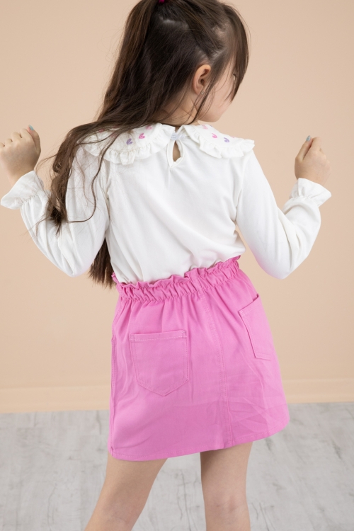 Fuşya Yakası Kalp Nakışlı Badili Jean Etekli Kız Çocuk Takım 20333