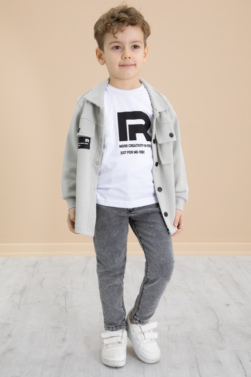 Gri Cep Kapaklı Gömlekli Jean Pantolonlu Erkek Çocuk 3lü Takım 20021