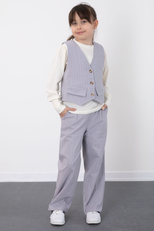 Gri Çizgi Desenli Yelekli Geniş Paça Pantolonlu Kız Çocuk Badili 3lü Takım 20494