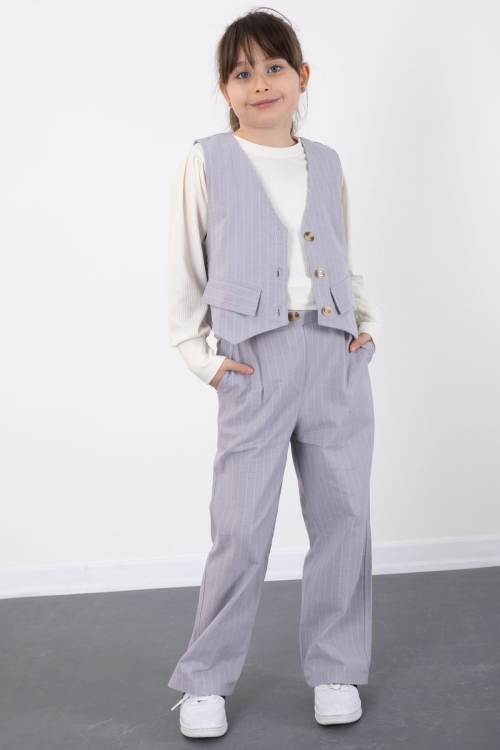 Gri Çizgi Desenli Yelekli Geniş Paça Pantolonlu Kız Çocuk Badili 3lü Takım 20494