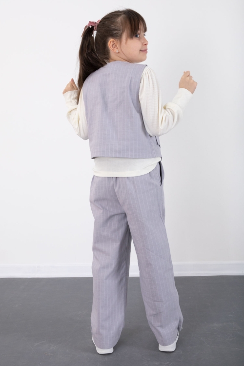 Gri Çizgi Desenli Yelekli Geniş Paça Pantolonlu Kız Çocuk Badili 3lü Takım 20494