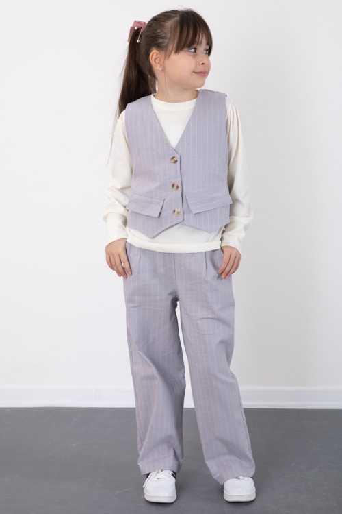 Gri Çizgi Desenli Yelekli Geniş Paça Pantolonlu Kız Çocuk Badili 3lü Takım 20494