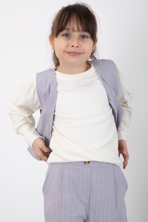 Gri Çizgi Desenli Yelekli Geniş Paça Pantolonlu Kız Çocuk Badili 3lü Takım 20494