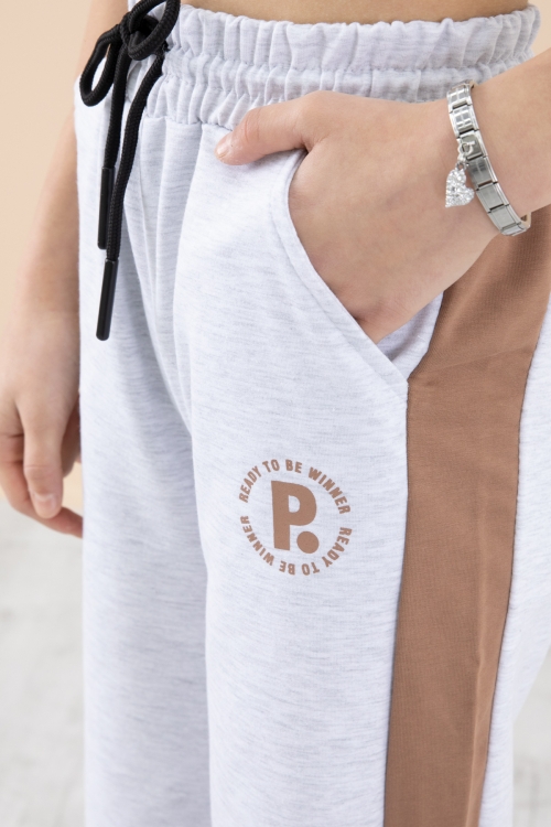 Gri Garnili Geniş Paça Kız Çocuk Beli Lastikli Eşofman Altı 20195