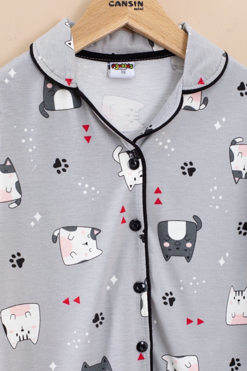 Gri Kedi Baskılı Kısa Kollu Böz Bantlı Kız Çocuk Pijama Takımı 20566