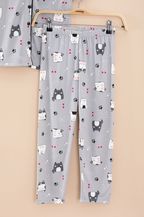 Gri Kedi Baskılı Kısa Kollu Böz Bantlı Kız Çocuk Pijama Takımı 20566