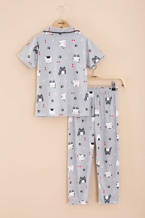 Gri Kedi Baskılı Kısa Kollu Böz Bantlı Kız Çocuk Pijama Takımı 20566
