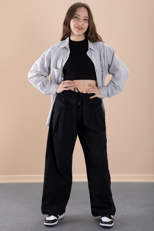 Gri Kız Çocuk Croplu Taşlı Gömlek ve Pantolonlu 3lü Takım 20469