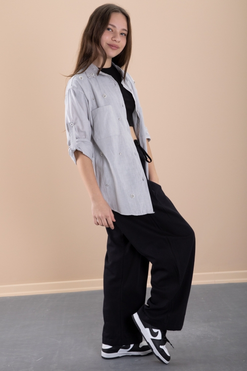 Gri Kız Çocuk Croplu Taşlı Gömlek ve Pantolonlu 3lü Takım 20469