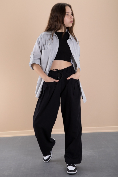 Gri Kız Çocuk Croplu Taşlı Gömlek ve Pantolonlu 3lü Takım 20469